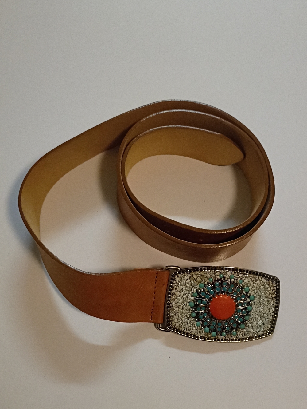 VTG Women Brown Soft Leather Belt Turquoise  Coral Decorative Buckle Boho USA